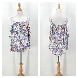 ROLLER RABBIT Off the Shoulder Top Womens XS White Floral Ruffle Balloon Sleeve